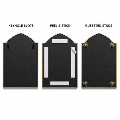 Mounting diagram for the Craftsman Arch plaque comparing keyhole slots, peel-and-stick tape and gusseted studs