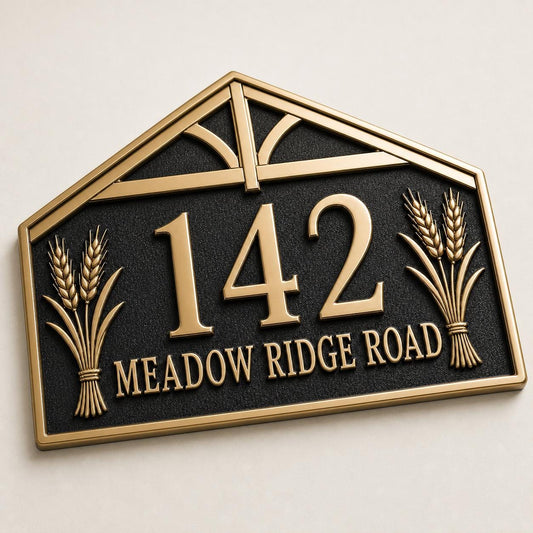 Barn Gable and Wheat plaque, front with number and one name line between wheat stems
