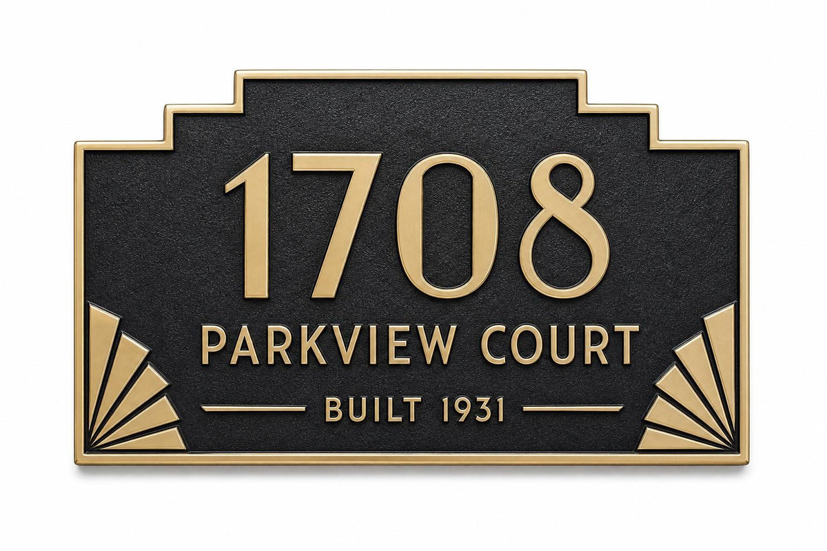 Art Deco Stepped name plate with house number, two wording lines and geometric corner rays