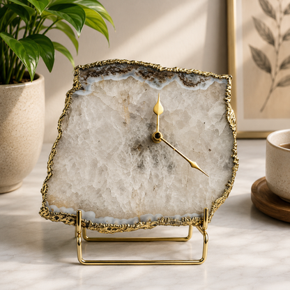 Large druzy agate desk clock with metal edge, India | The Tangerine Store