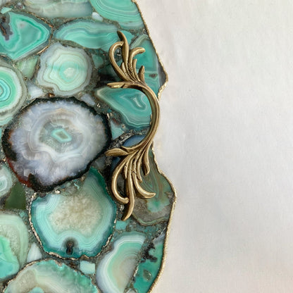 Large Green Agate Serving Tray with Brass Handles