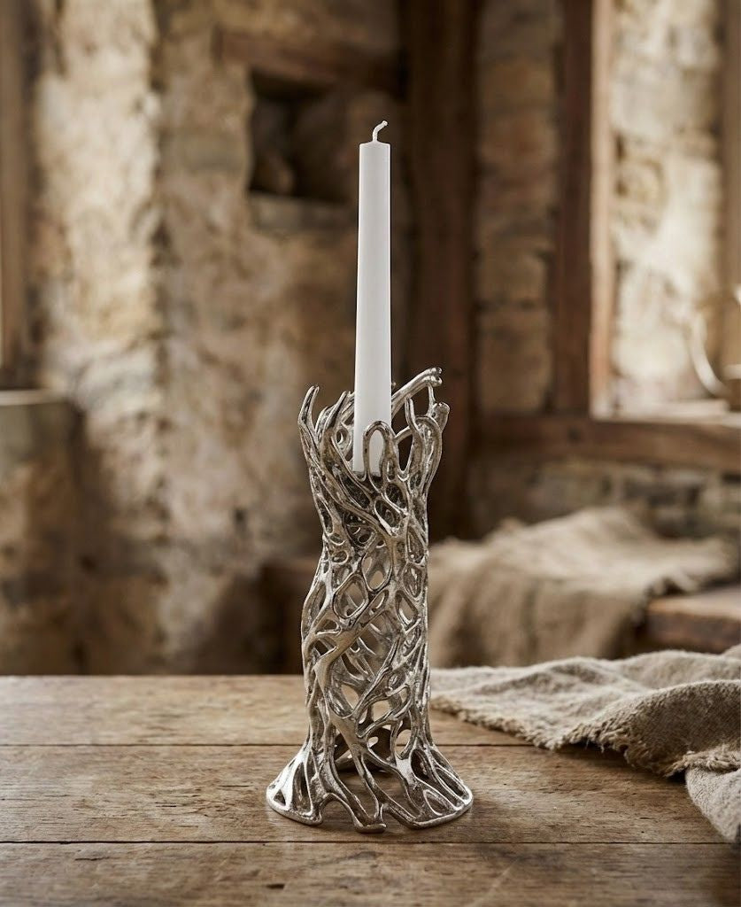 Roots – Electro-formed Sculptural Taper Candleholder | Organic Spiral Coral-Inspired Home Accent in Gold, Silver or Antique Finish