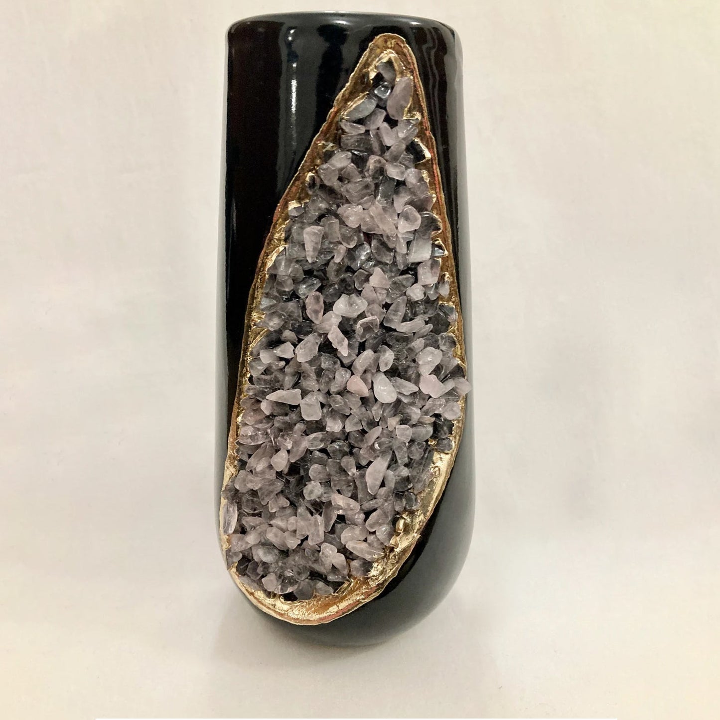 Black and Gold Ceramic Vase/Planter/Pot/Wine Goblet/Mug with Rose Quartz Semi-precious Agate Crystal Gemstones