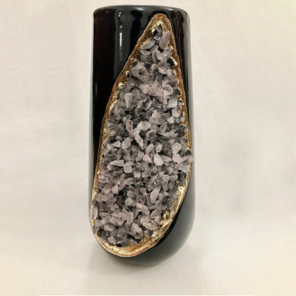 Black and Gold Ceramic Vase/Planter/Pot/Wine Goblet/Mug with Rose Quartz Semi-precious Agate Crystal Gemstones