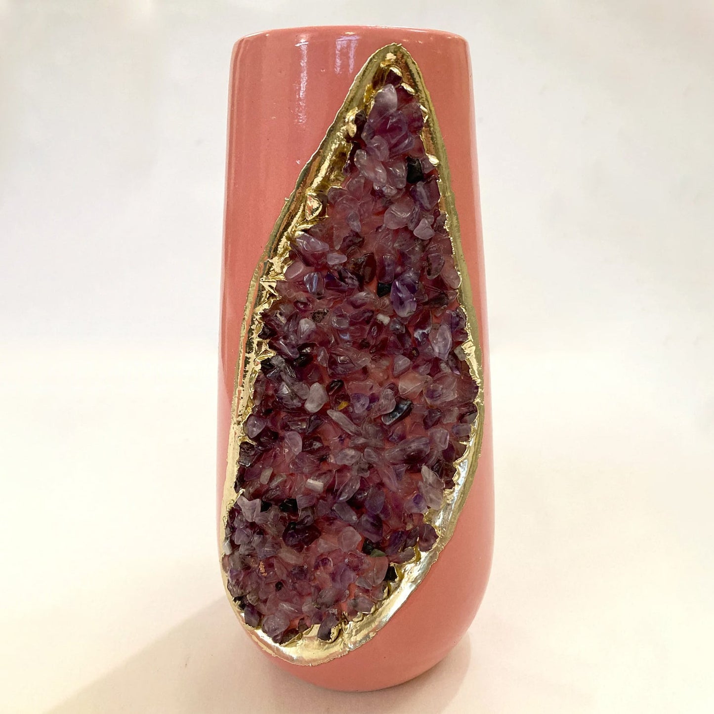 Pink and Gold Ceramic Vase/Planter/Pot/Wine Goblet/Mug with Purple Amethyst Semi-precious Agate Crystal Gemstones