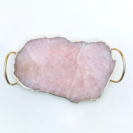 Rose Quartz Agate Serving Tray With Brass Loop Handles