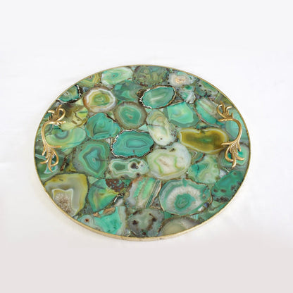 Green Agate Serving Tray With Brass Handles | Circular