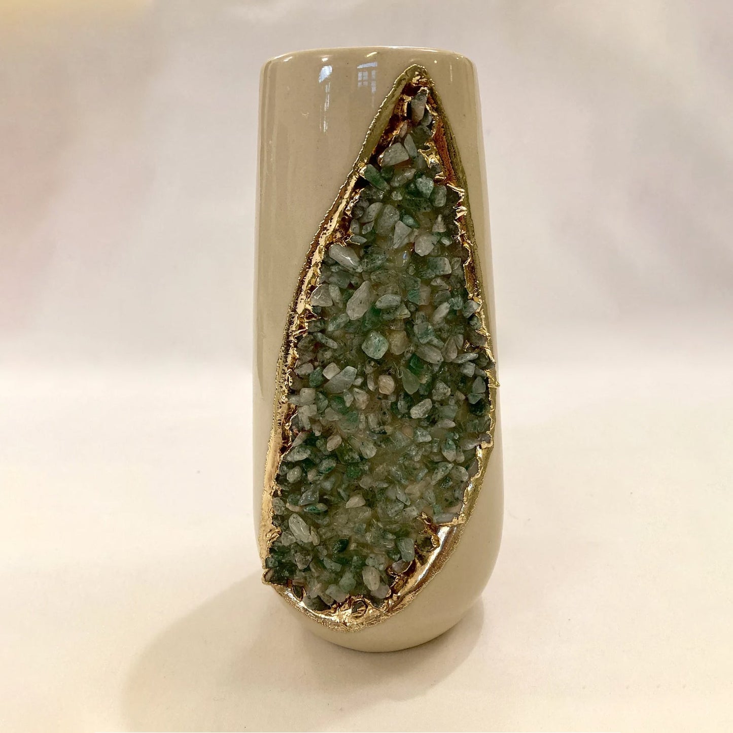 Cream and Gold Ceramic Vase/Planter/Pot/Wine Goblet/Mug with Light Green Semi-precious Agate Crystal Gemstones