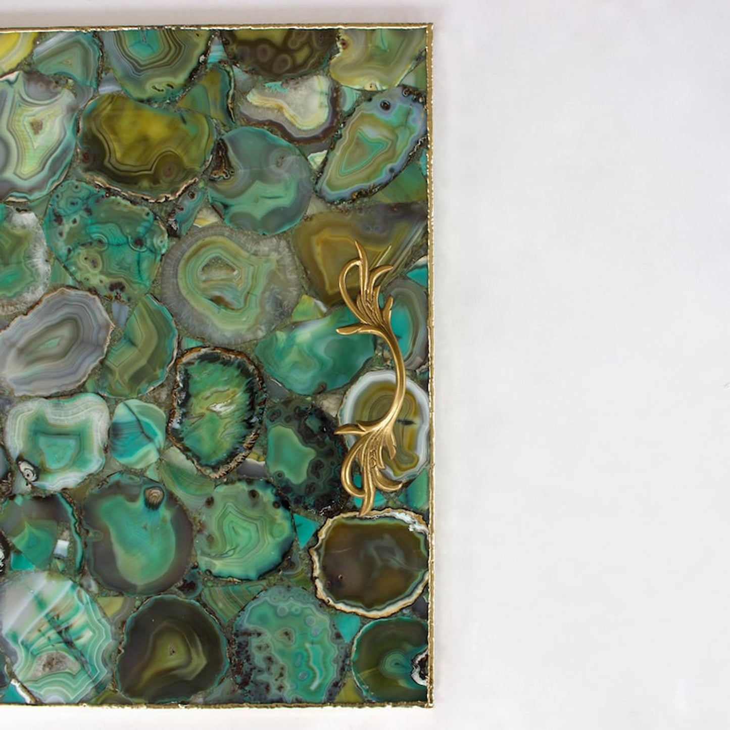 Light Green Agate Serving Tray With Brass Handles | Square