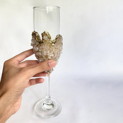 Set of 2 |Crystal Wine/Champagne Glasses with Gold Plated Rose Quartz Agate/Quartz Semi-precious Crystals | 7 oz/215 ml