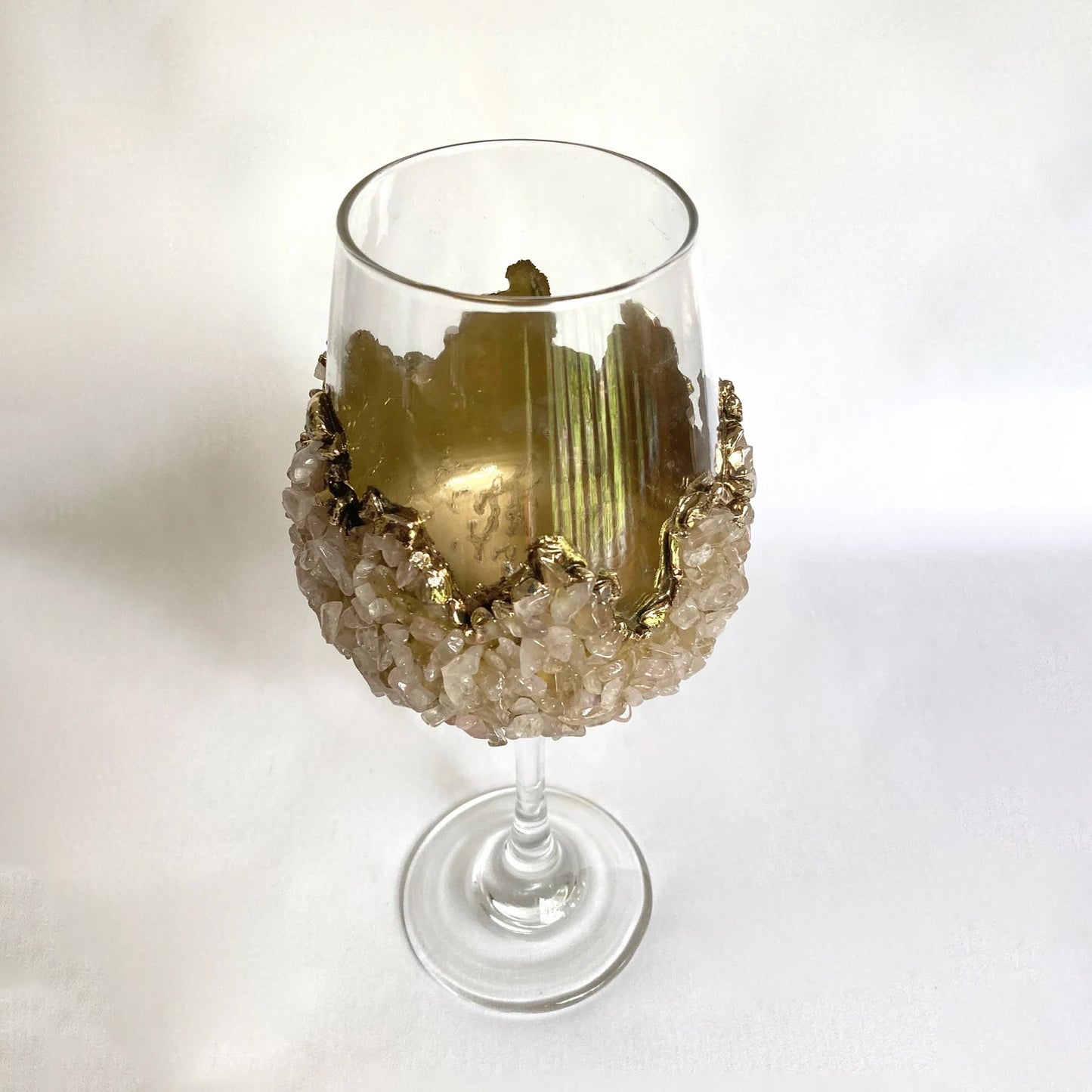 Set of 2 |Crystal Wine Glasses with Gold Plated Rose Quartz Agate/Quartz Semi-precious Crystals | 16 oz/465 ml
