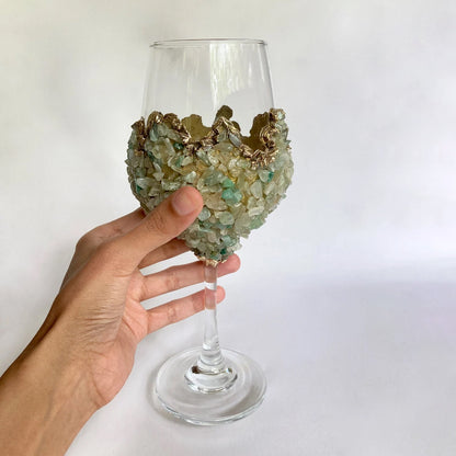 Set of 2 |Crystal Wine Glasses with Gold Plated Light Green Agate/Quartz Semi-precious Crystals | 16 oz/465 ml