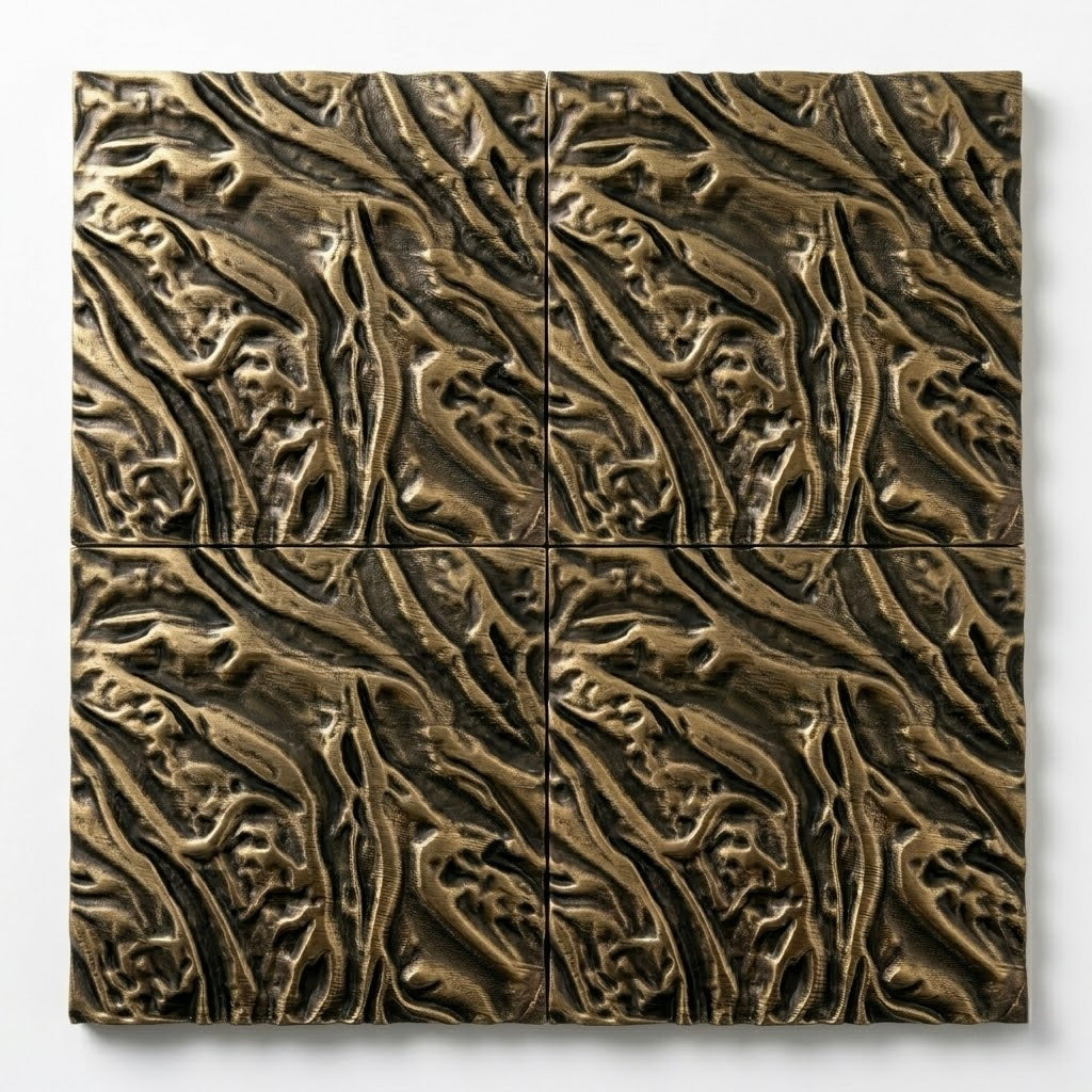Set of 4 Textured Brass Wall Tiles | Handmade Decorative Metal Wall Panels | Antique Copper & Brass Finish
