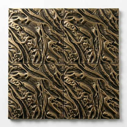 Set of 4 Textured Brass Wall Tiles | Handmade Decorative Metal Wall Panels | Antique Copper & Brass Finish