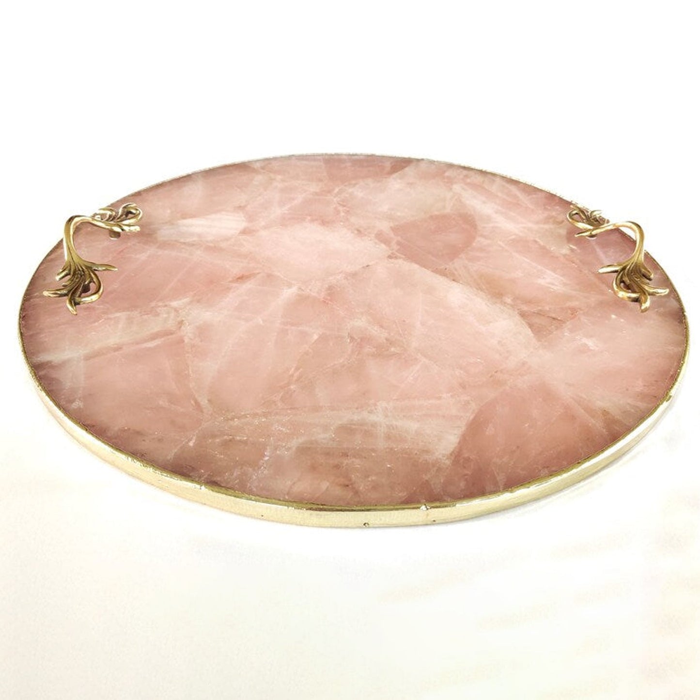 Rose Quartz Agate | Serving Tray With Brass Handles | Circular |