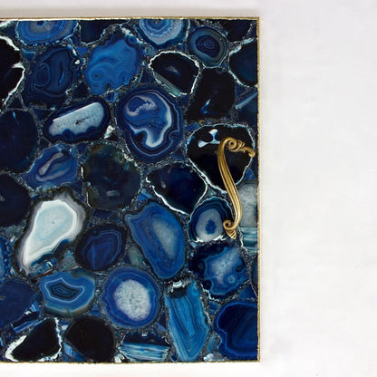 Blue Agate Serving Tray With Brass Handles | Square