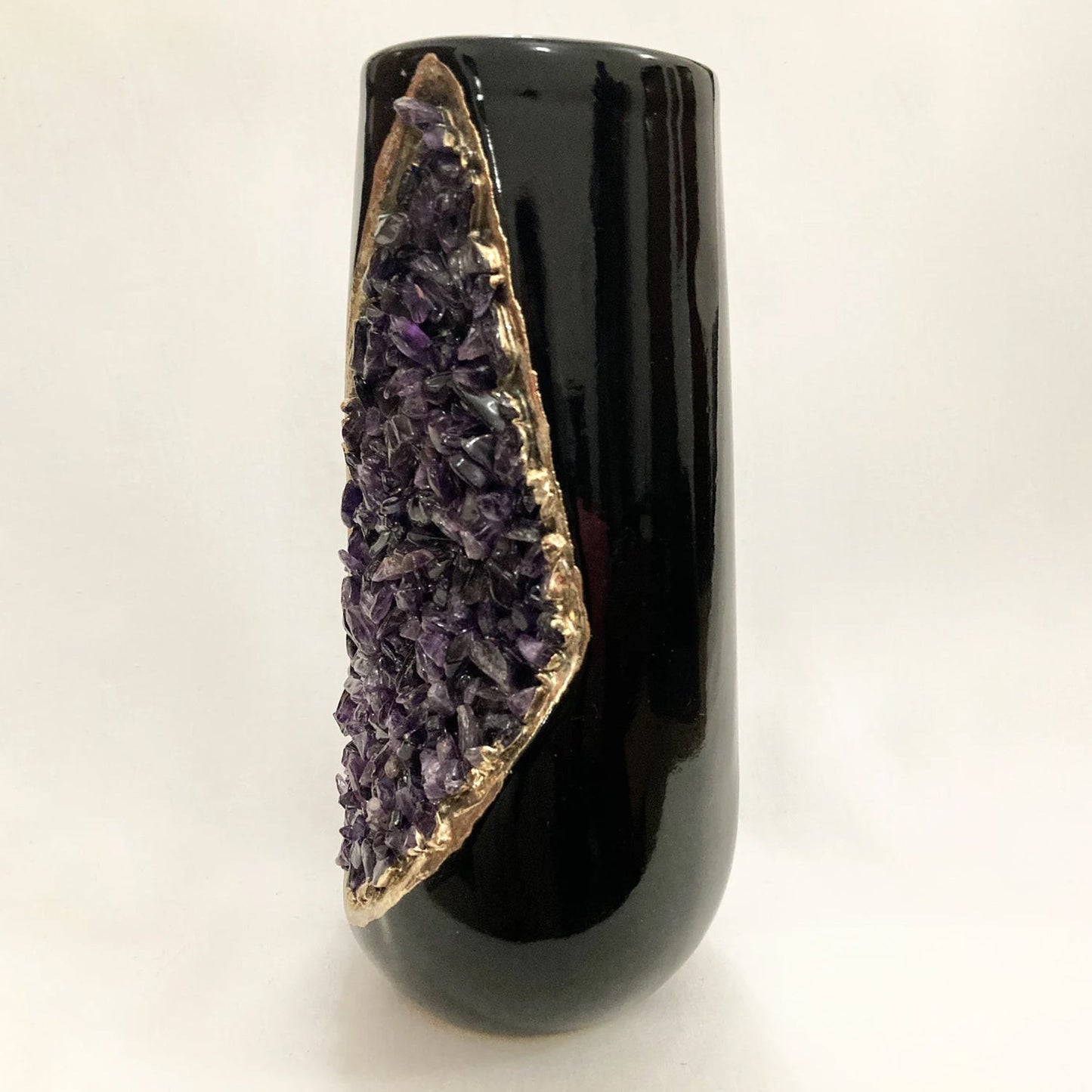 Black and Gold Ceramic Vase/Planter/Pot/Wine Goblet/Mug with Amethyst Semi-precious Agate Crystal Gemstones