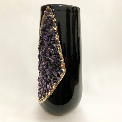 Black and Gold Ceramic Vase/Planter/Pot/Wine Goblet/Mug with Amethyst Semi-precious Agate Crystal Gemstones