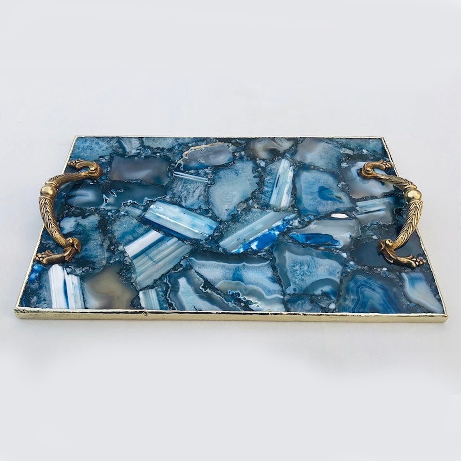 Blue Agate Rectangular Tray with Royal Arch handles – navy blue agate stone detail, India