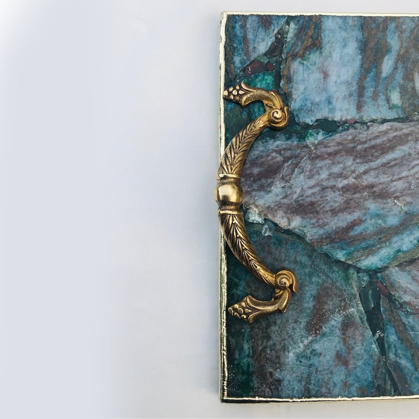 Green Aventurine Agate Serving Tray With Brass Handles