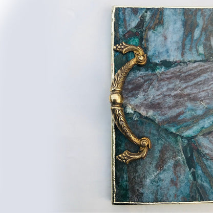 Green Aventurine Agate Serving Tray With Brass Handles