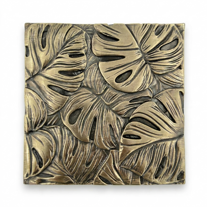 Set of 4 Tropical Leaf Brass Wall Tiles | Antique Brass Decorative Wall Panels | Handmade Wall Décor