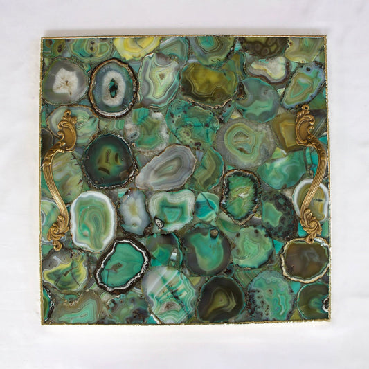 Light Green Agate Serving Tray With Brass Handles | Square