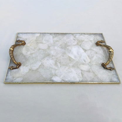 White Agate Serving Tray with Brass Handles