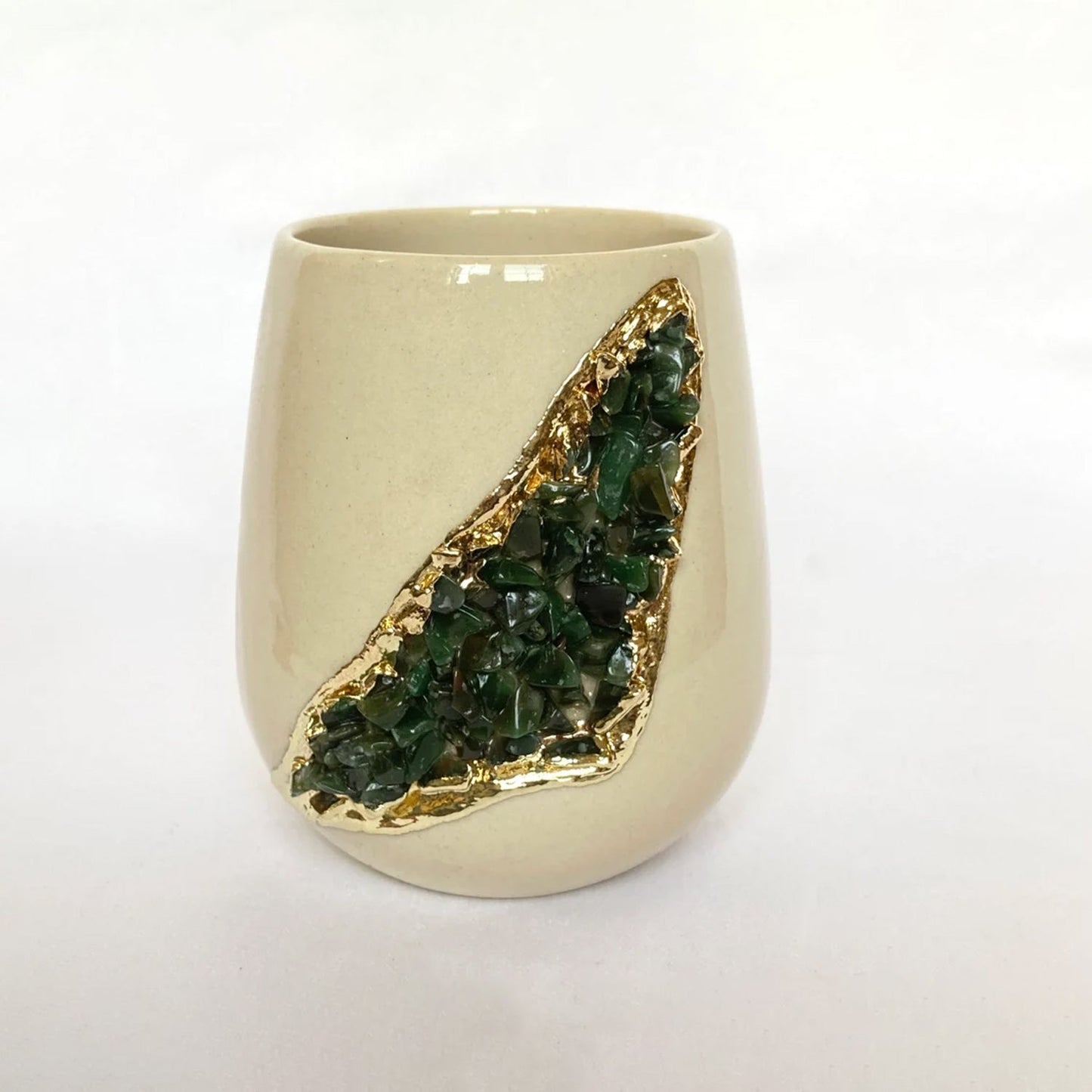 Cream and Gold Ceramic Vase/Planter/Pot/Wine Goblet/Mug with Green Semi-precious Agate Crystal Gemstones