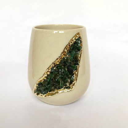 Cream and Gold Ceramic Vase/Planter/Pot/Wine Goblet/Mug with Green Semi-precious Agate Crystal Gemstones