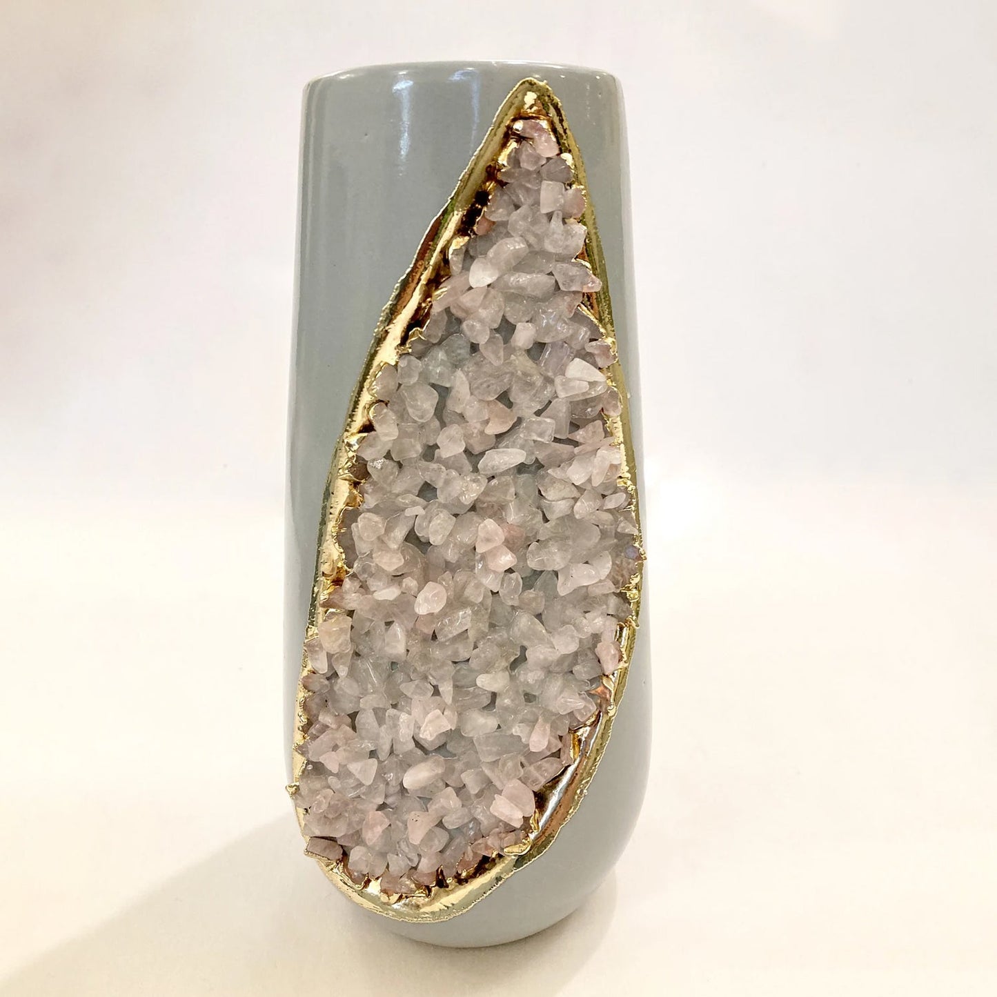 Grey and Gold Ceramic Vase/Planter/Pot/Wine Goblet/Mug with Rose Quartz Semi-precious Agate Crystal Gemstones