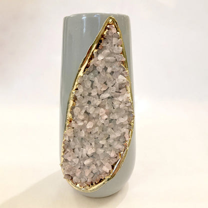 Grey and Gold Ceramic Vase/Planter/Pot/Wine Goblet/Mug with Rose Quartz Semi-precious Agate Crystal Gemstones