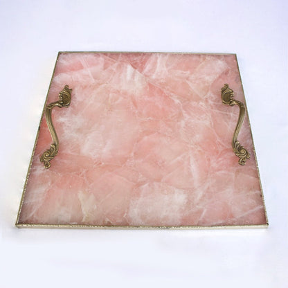 Rose Quartz Agate Serving Tray With Brass Handles | Square