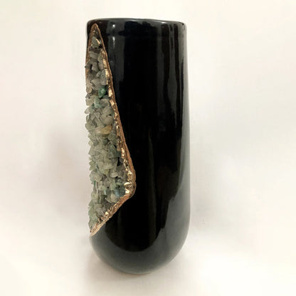 Black and Gold Ceramic Vase/Planter/Pot/Wine Goblet/Mug with Light Green Agate Semi-precious Agate Crystal Gemstones