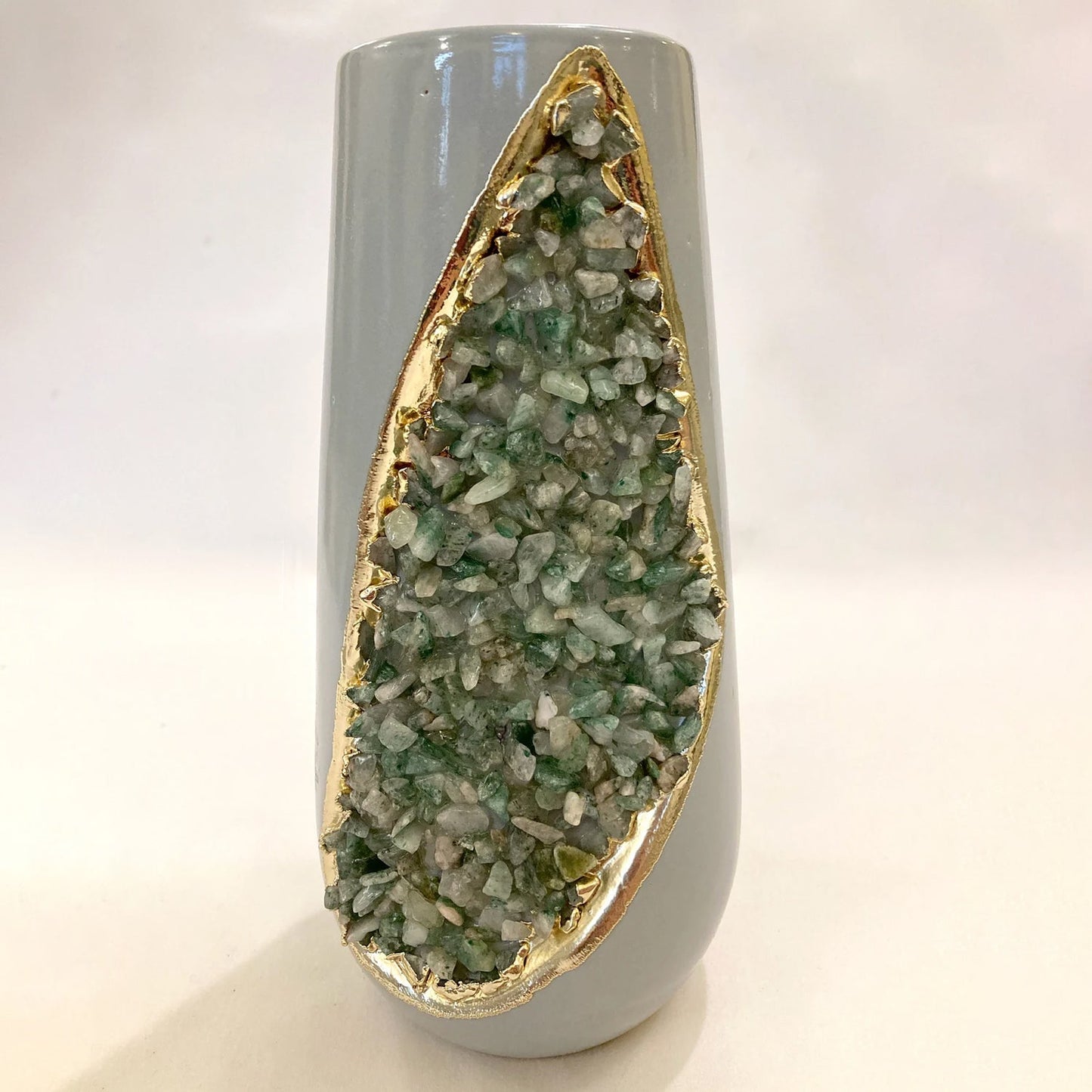 Grey and Gold Ceramic Vase/Planter/Pot/Wine Goblet/Mug with Light Green Semi-precious Agate Crystal Gemstones