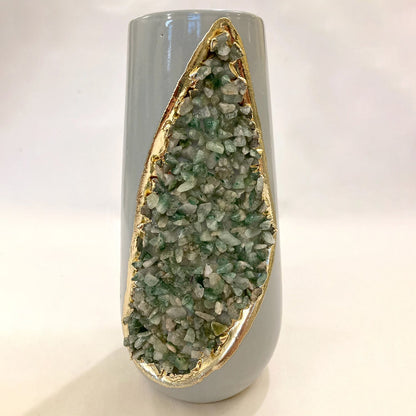 Grey and Gold Ceramic Vase/Planter/Pot/Wine Goblet/Mug with Light Green Semi-precious Agate Crystal Gemstones