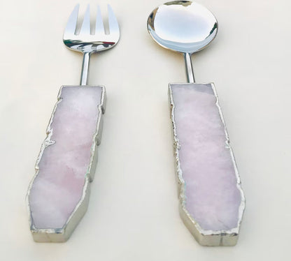 Rose Quartz Salad Server – Gold Finish – Set of 2