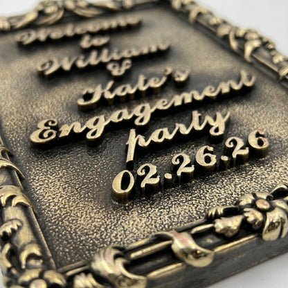 Engagement Plaque | Handcrafted antique brass plaque detail