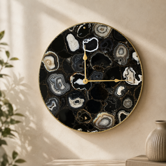 Black Agate Circular Wall Clock – 16 Inch | Gold finish | The Tangerine Store
