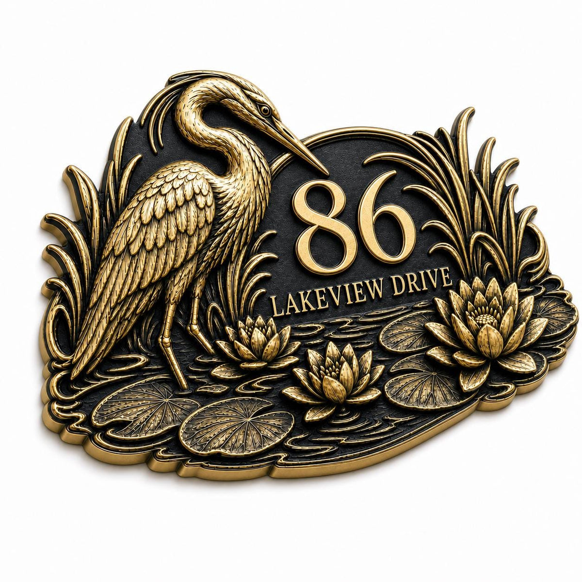 Heron and Waterlilies plaque in antique brass, angled view showing the relief, outline and lettering