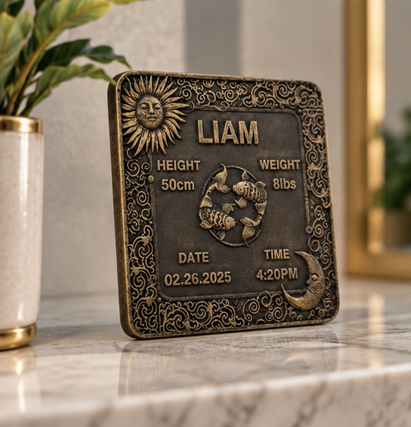 Personalised Baby Birth Tile – Brass Name & Star Sign