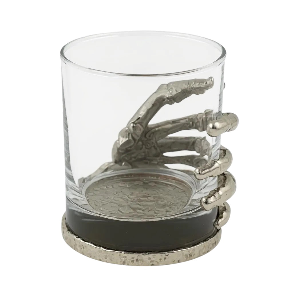 Set of 2 & Set of 4 – Skeleton Hand Whisky Glasses | Statement Barware & Halloween Drinkware | Gold, Silver or Antique Finish