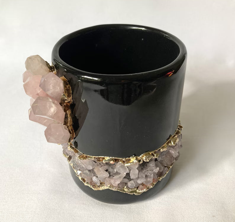 Set of 2 |Black and Gold Ceramic Big Coffee/Tea/Juice/Beverage Mug with Rose Quartz Semi-precious Agate Crystal | 12 oz/355 ml