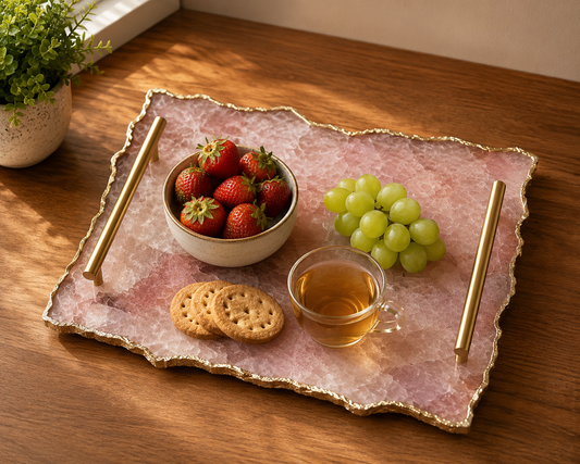 Large rose quartz agate organic edge tray with bar handles — finish options
