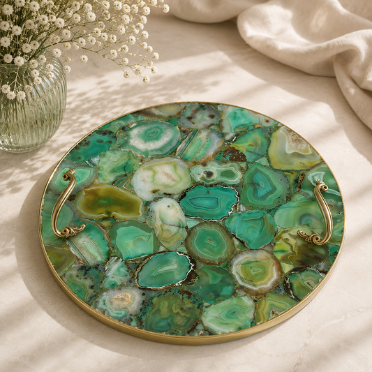 Green agate round tray — ornate brass handles, rose gold finish, India