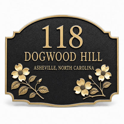 Dogwood name plate with raised number, two wording lines and dogwood blossoms