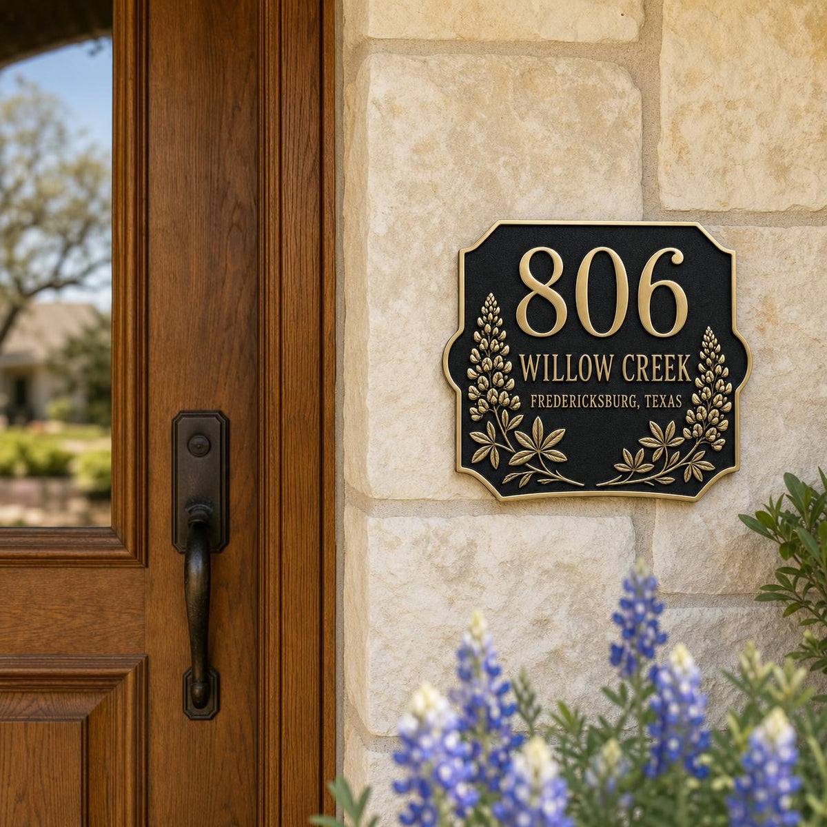 Lupine name plate pictured on a stone wall beside a wooden entrance