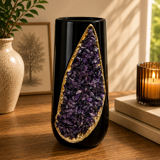 Black Ceramic Long Teardrop Vase with Crystal Inlay