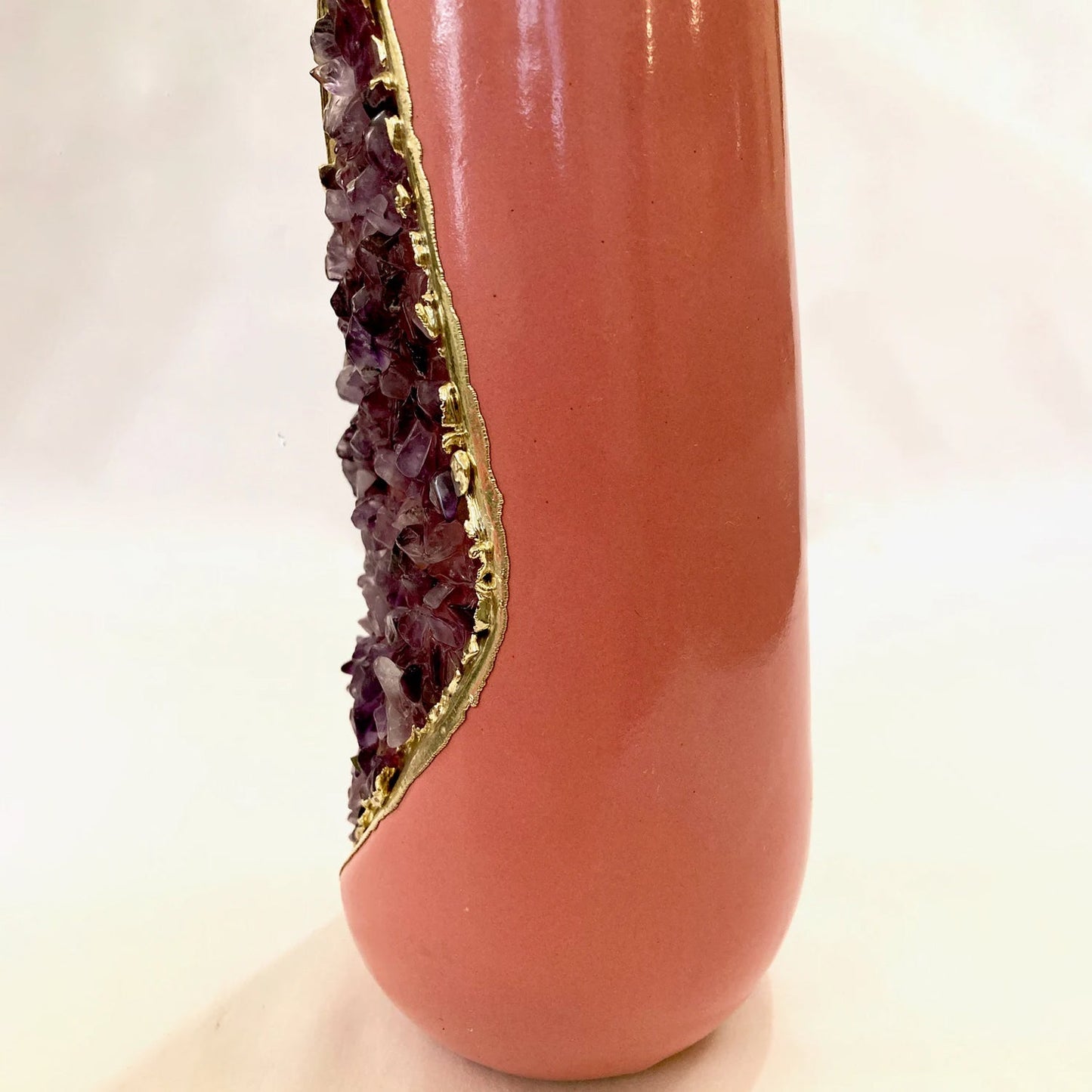 Pink and Gold Ceramic Vase/Planter/Pot/Wine Goblet/Mug with Purple Amethyst Semi-precious Agate Crystal Gemstones