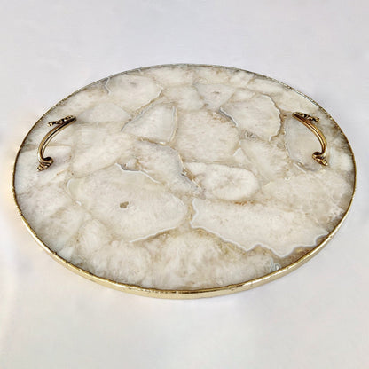 White Agate  Serving Tray With Brass Handles | Circular |